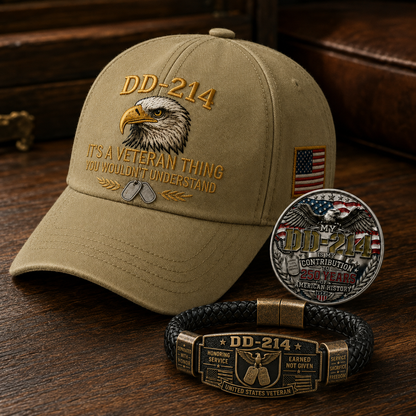 🔥 Today Only: FREE Collector Coin🔥 | DD-214 Veteran Honor 3-Piece Gift Set – Embroidered Cap, Coin & Bracelet