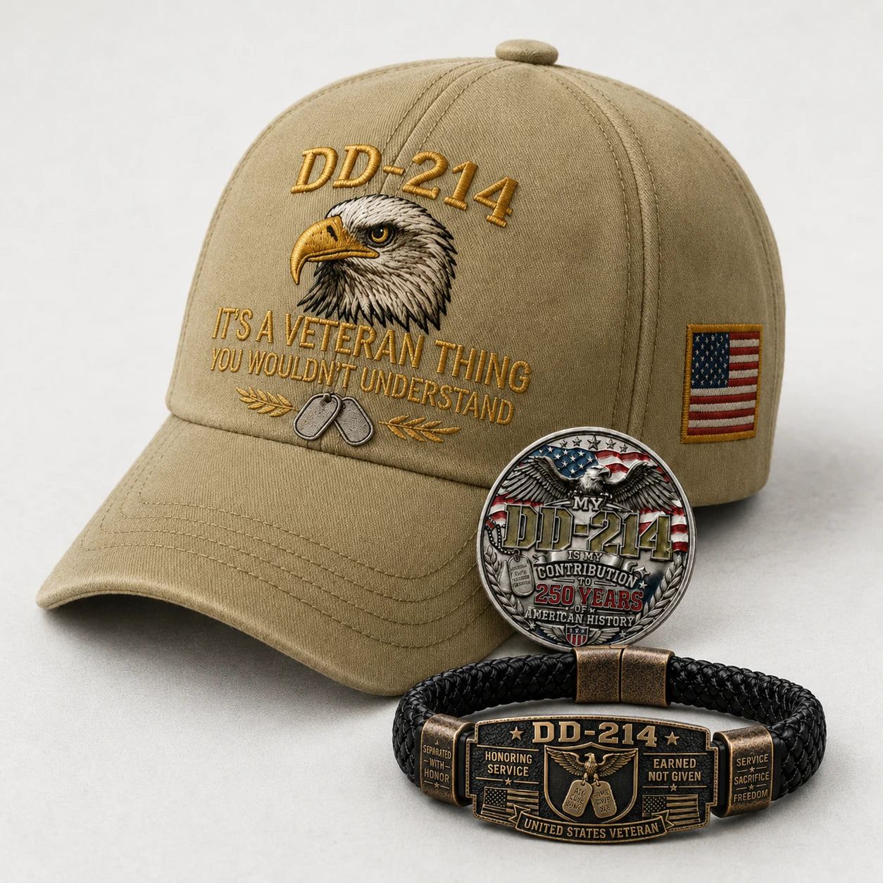 DD-214 veteran cap, commemorative honor coin and veteran bracelet three-piece set