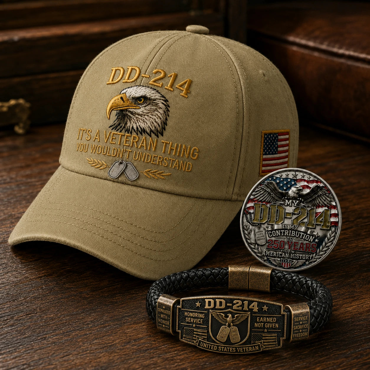 DD-214 veteran cap, coin and bracelet displayed on a rustic wooden table