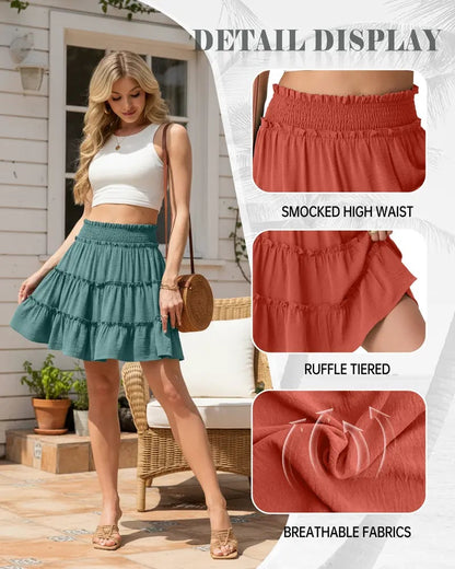 🌓 Women's Boho Floral Skorts, Flowy Tiered Ruffle Elastic-Waist Bottoms with Built-in Shorts and Pockets, Casual Style
