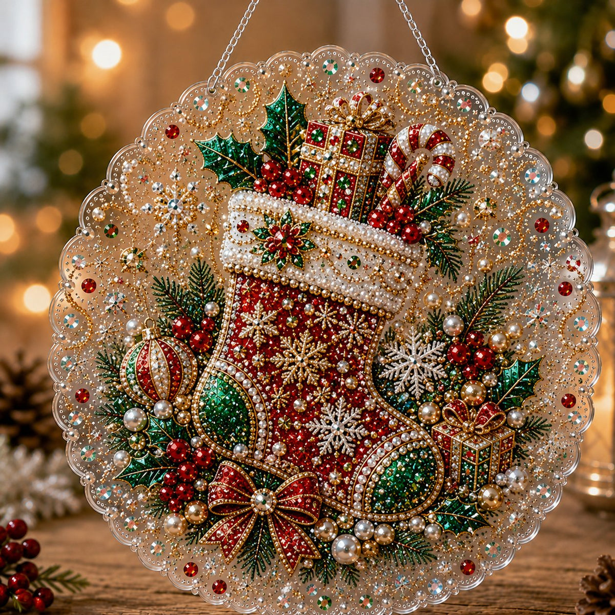 🎄 LAST DAY 49% OFF – ✨TopSpire® Christmas Pearl Diamond Art Hanging Ornament Kit | Luxury Flocked Canvas with Scratch-Resistant Non-Fading Pearl Beads DIY Handmade Holiday Hanging Decor 🎅💎