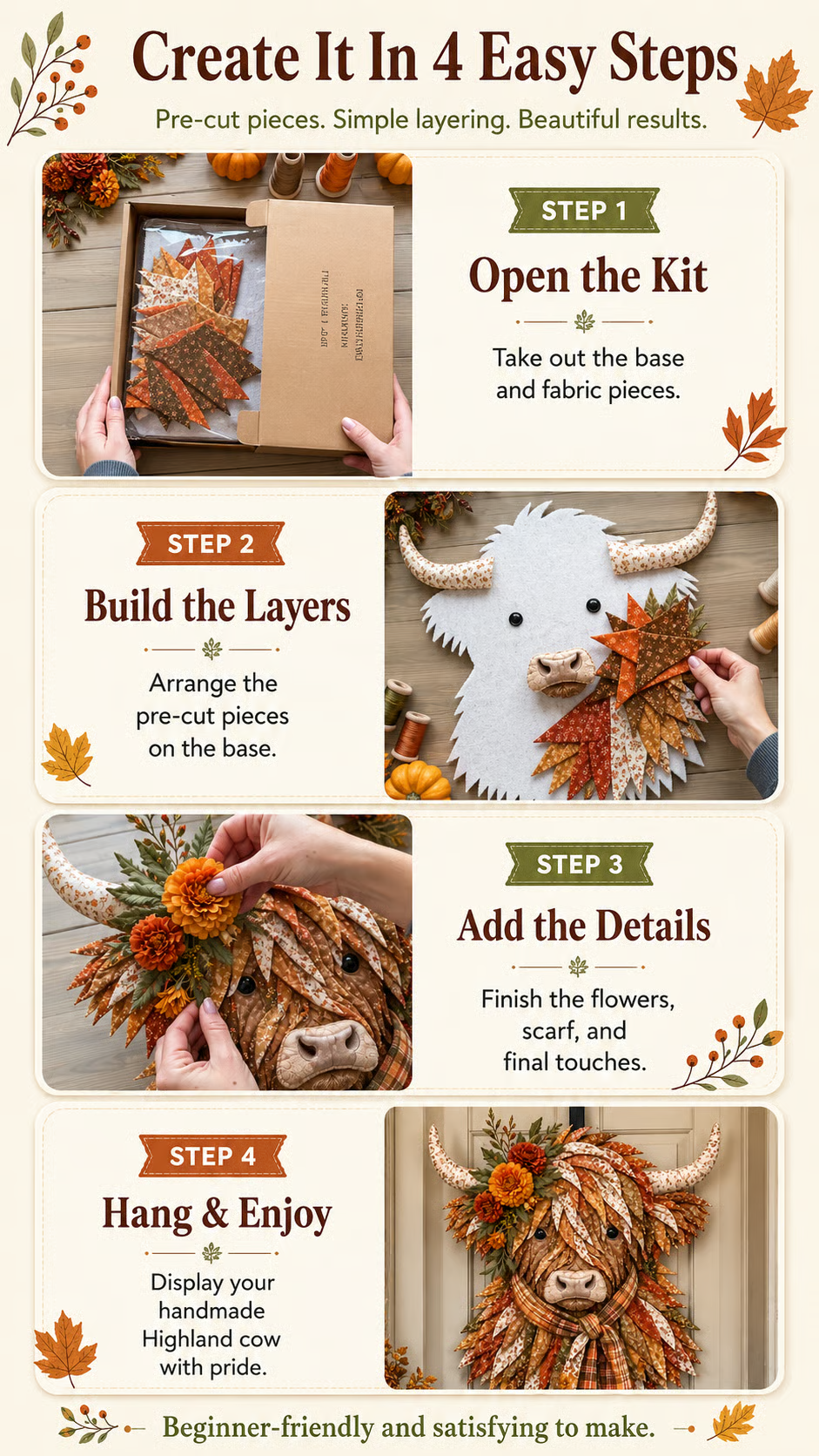 ⏰LAST DAY 49% OFF - 🐮💐🌸 Birth Flower Highland Cow 3D Layered Fabric Art DIY Kit