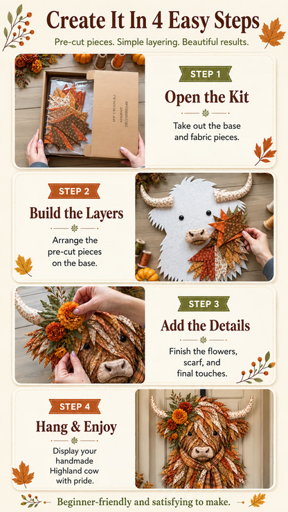 ⏰LAST DAY 49% OFF - 🐮💐🌸 Birth Flower Highland Cow 3D Layered Fabric Art DIY Kit