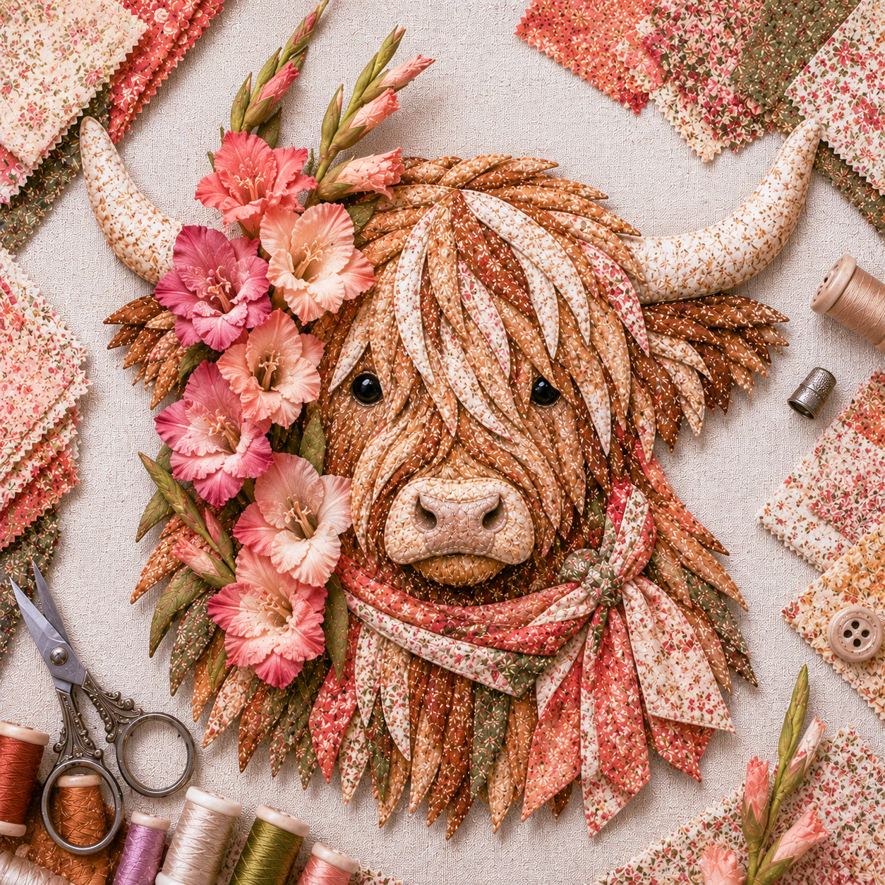 ⏰LAST DAY 49% OFF - 🐮💐🌸 Birth Flower Highland Cow 3D Layered Fabric Art DIY Kit