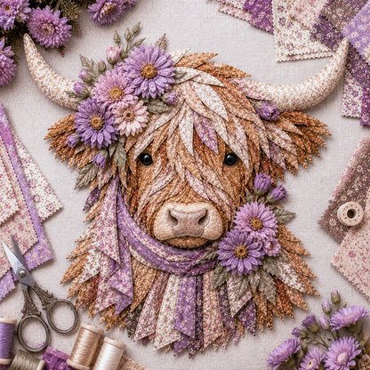 ⏰LAST DAY 49% OFF - 🐮💐🌸 Birth Flower Highland Cow 3D Layered Fabric Art DIY Kit