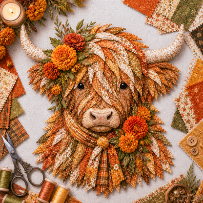 ⏰LAST DAY 49% OFF - 🐮💐🌸 Birth Flower Highland Cow 3D Layered Fabric Art DIY Kit