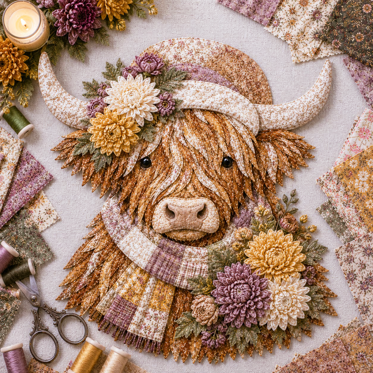 ⏰LAST DAY 49% OFF - 🐮💐🌸 Birth Flower Highland Cow 3D Layered Fabric Art DIY Kit