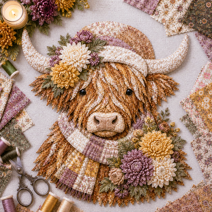 ⏰LAST DAY 49% OFF - 🐮💐🌸 Birth Flower Highland Cow 3D Layered Fabric Art DIY Kit