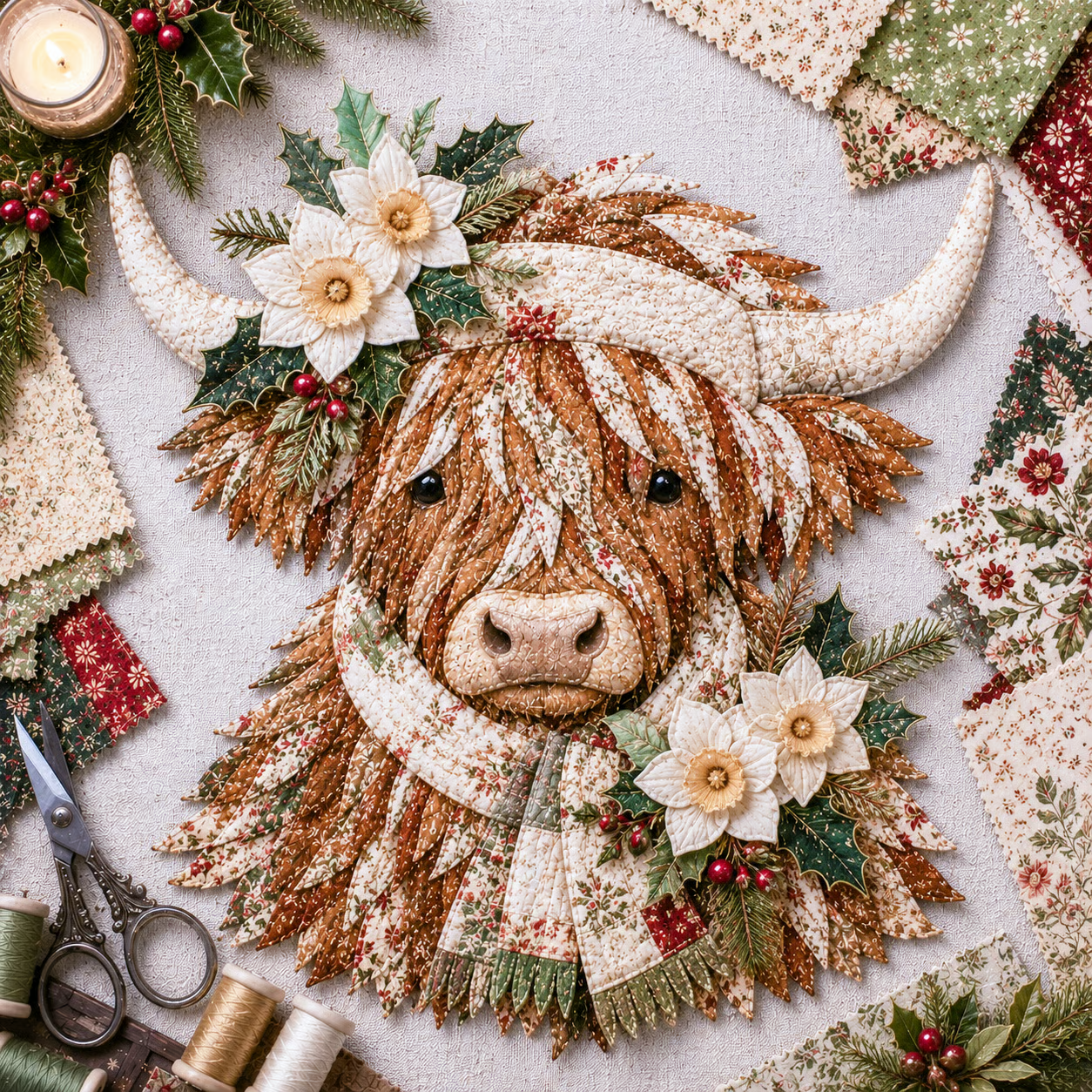 ⏰LAST DAY 49% OFF - 🐮💐🌸 Birth Flower Highland Cow 3D Layered Fabric Art DIY Kit