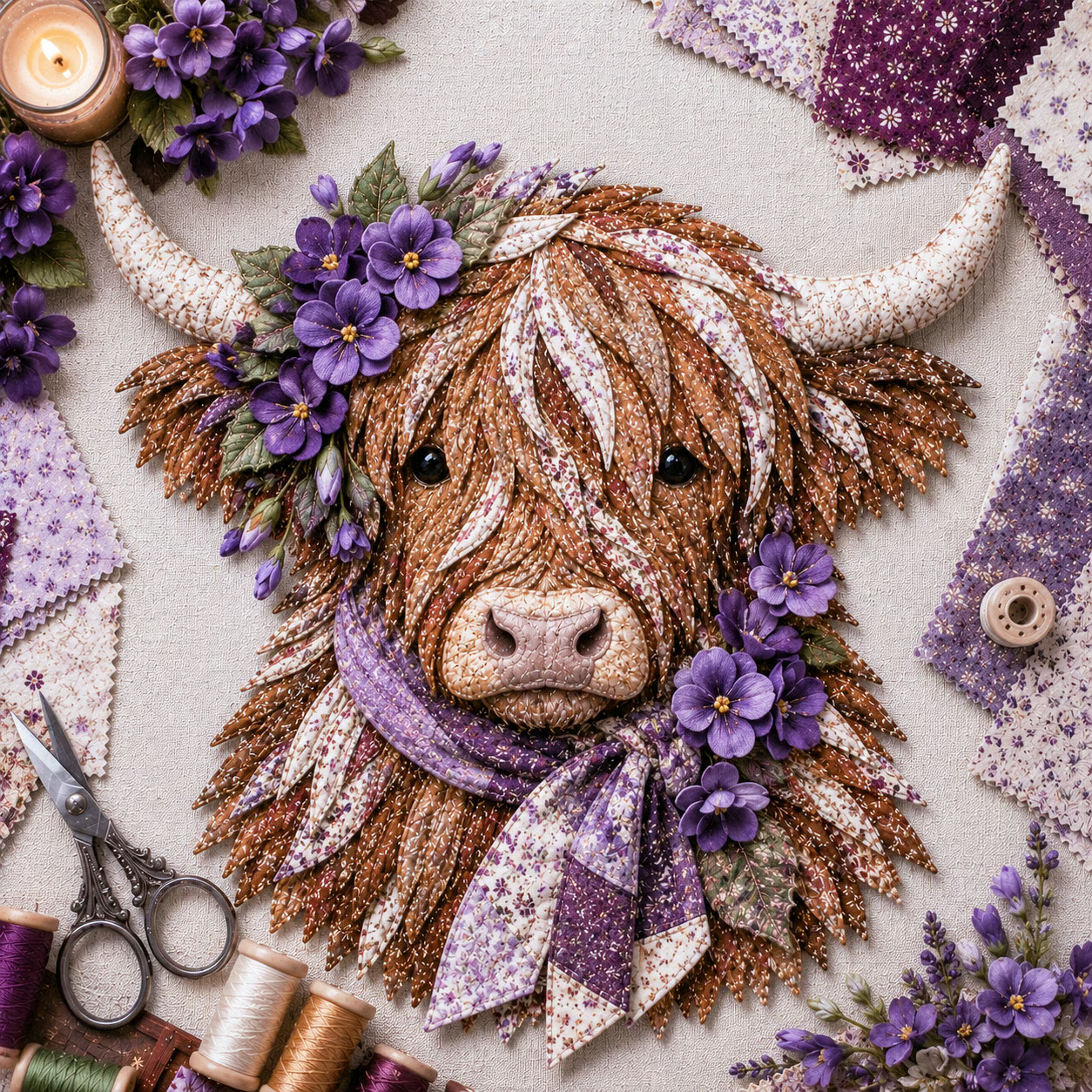 ⏰LAST DAY 49% OFF - 🐮💐🌸 Birth Flower Highland Cow 3D Layered Fabric Art DIY Kit