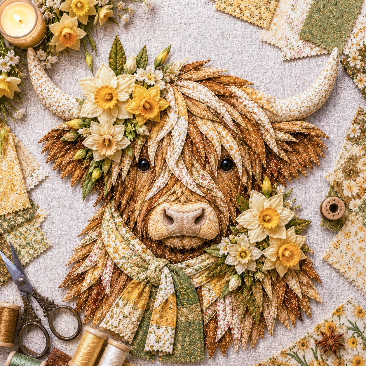 ⏰LAST DAY 49% OFF - 🐮💐🌸 Birth Flower Highland Cow 3D Layered Fabric Art DIY Kit