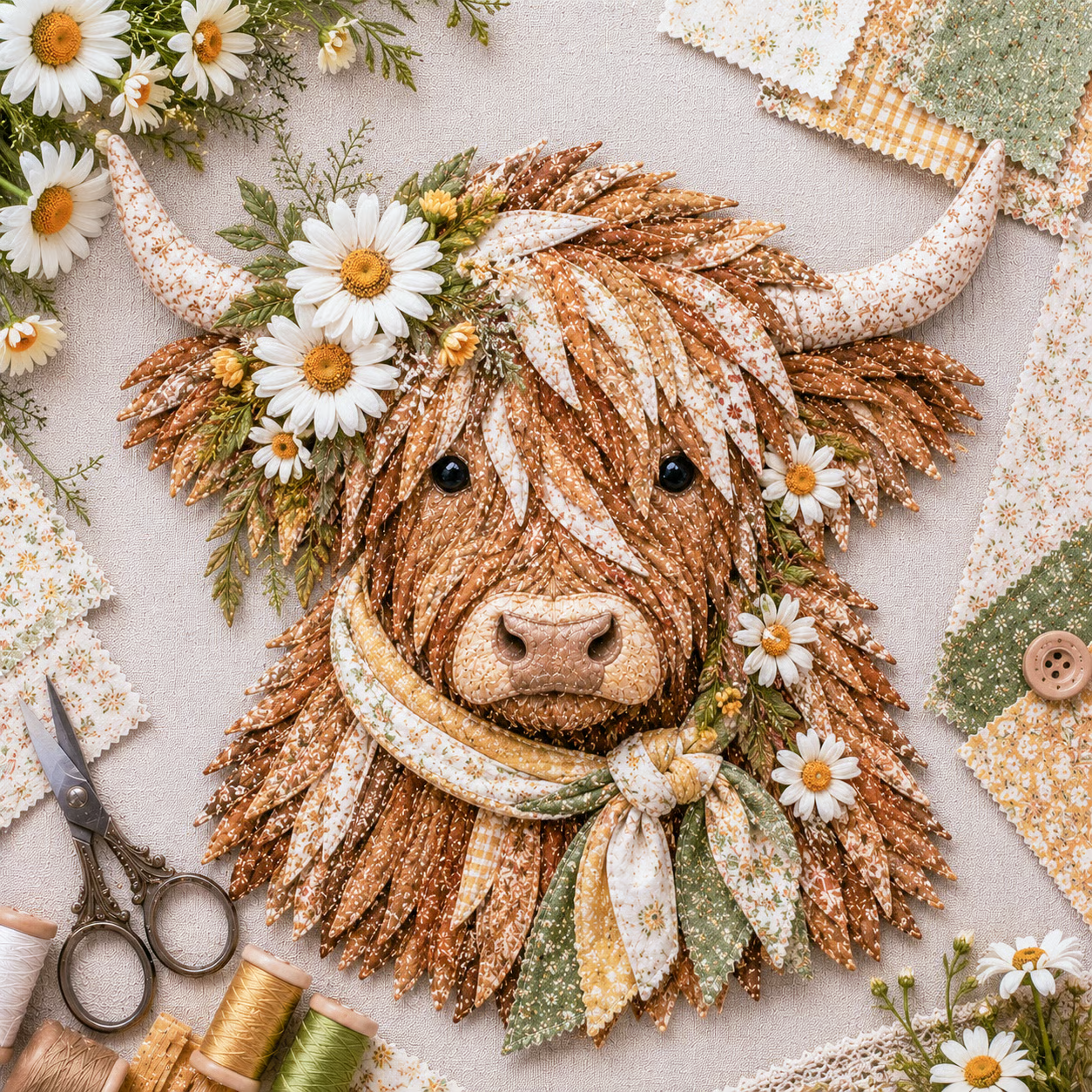 ⏰LAST DAY 49% OFF - 🐮💐🌸 Birth Flower Highland Cow 3D Layered Fabric Art DIY Kit