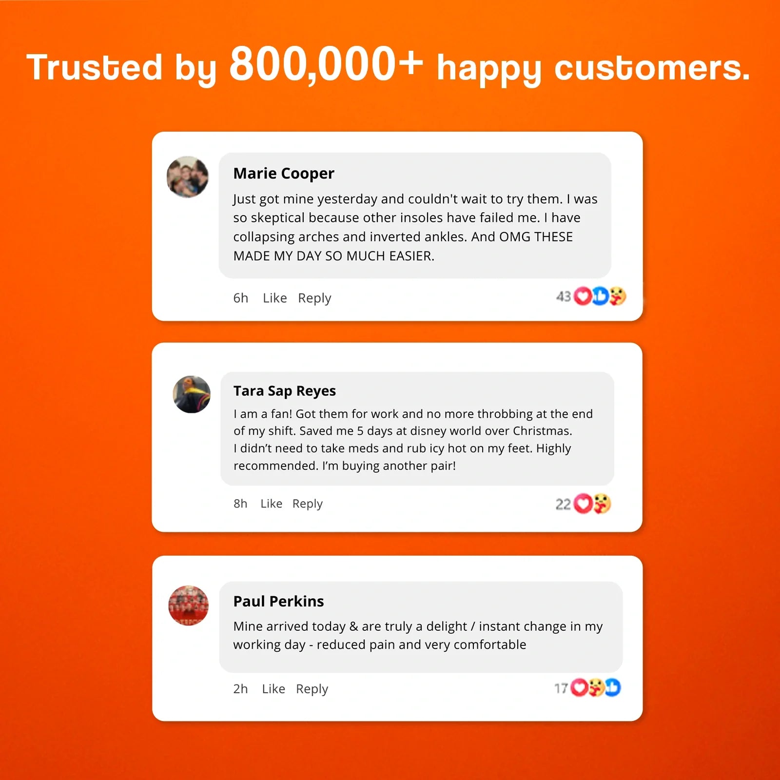 Massage insoles in orange with customer testimonials on a bright orange background.