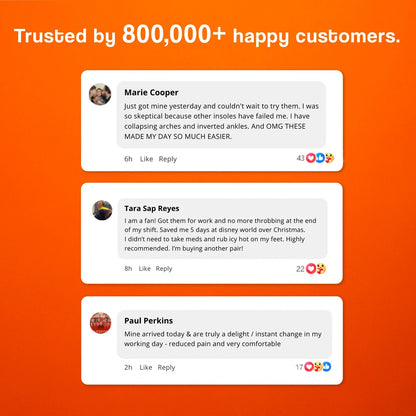 Massage insoles in orange with customer testimonials on a bright orange background.